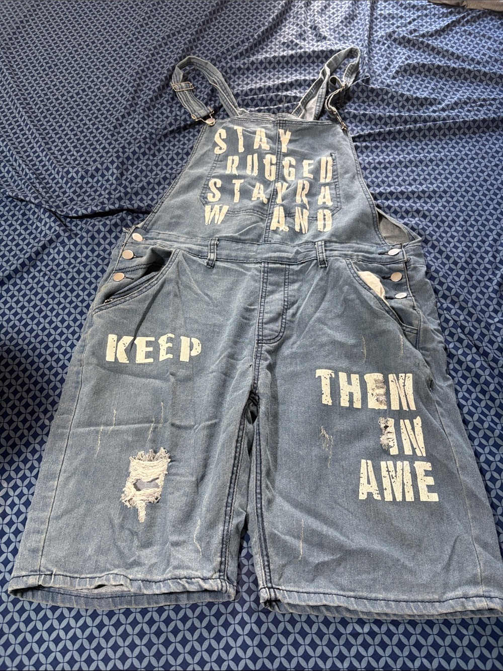 Denim Graphic Short Overalls with White Stenciled Text